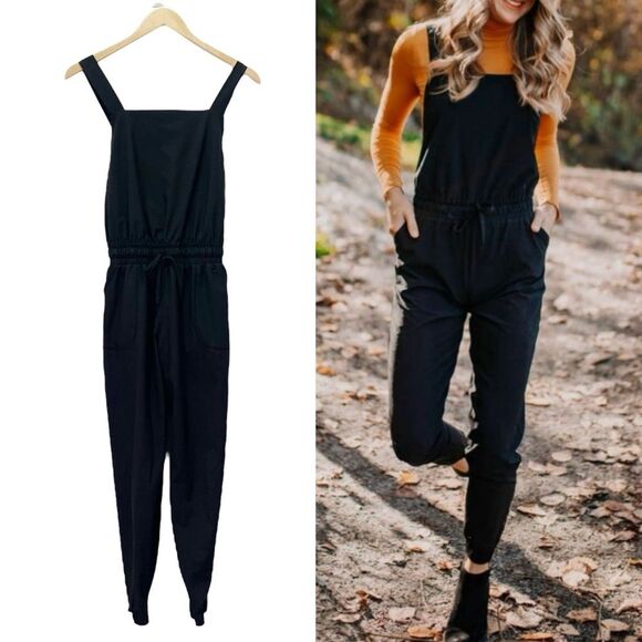 Albion Black Square Neck Overall Jumpsuit Sz Small Cinch Waist Adjustable Straps - Picture 12 of 12